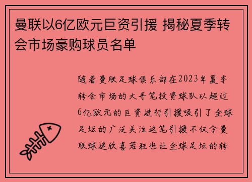 曼联以6亿欧元巨资引援 揭秘夏季转会市场豪购球员名单